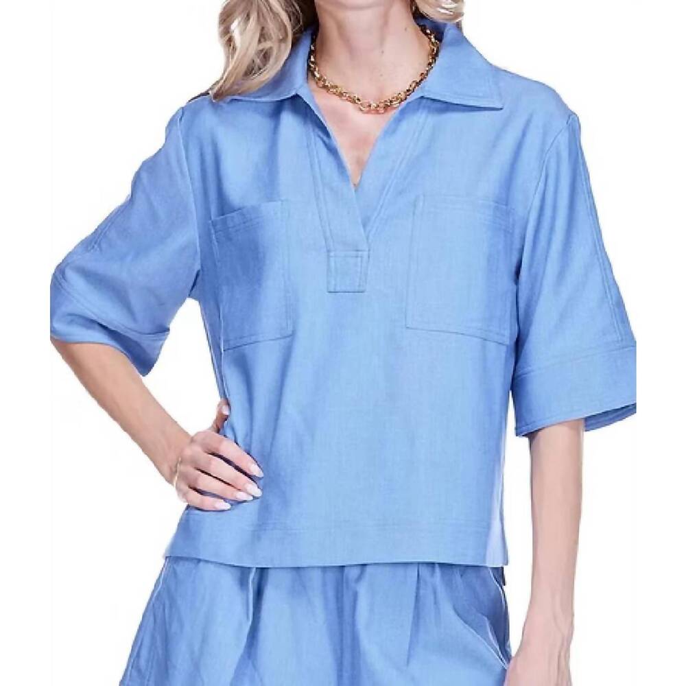 NEW JOY JOY pocket collared v-neck overshirt in denim